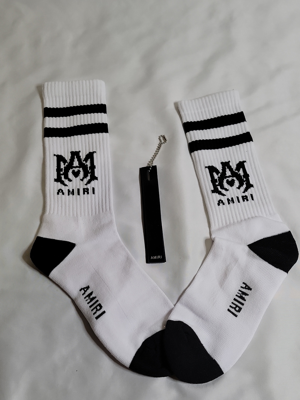 AMIRI White Socks with Black Logo & Stripes
